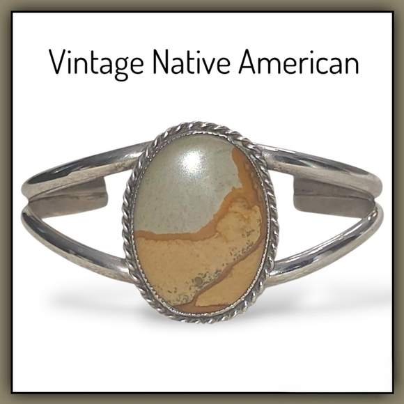 Native American Jewelry - Vintage Native American Sterling Silver Cuff Bracelet with Jasper Stone 29.35 g
